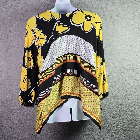 MSK Dopamine Tunic Roomy Yellow Floral Patchwork Jersey High Low Statement Flowy - Picture 13 of 16
